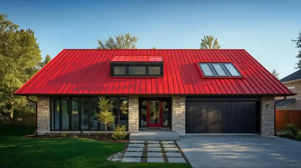 czerwony wielo warstwowy dach w nowoczesnym domu w stylu kanadyjskim z kontrastem padającego słońca