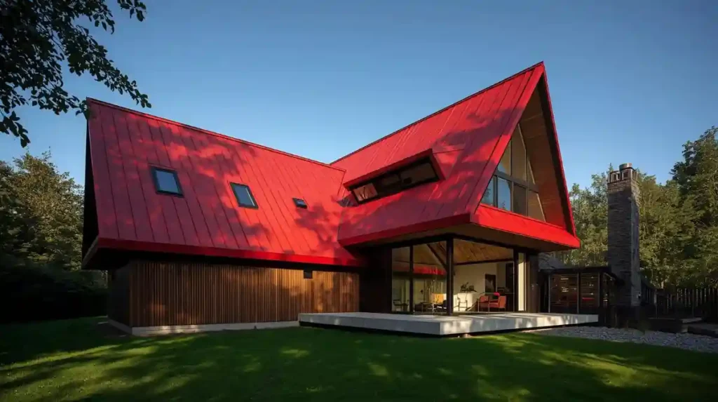 czerwony wielo warstwowy dach w nowoczesnym domu w stylu kanadyjskim z kontrastem padającego słońca
